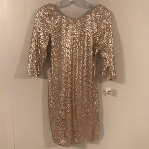 Gold Sequin Mini Dress - 3/4 Sleeve